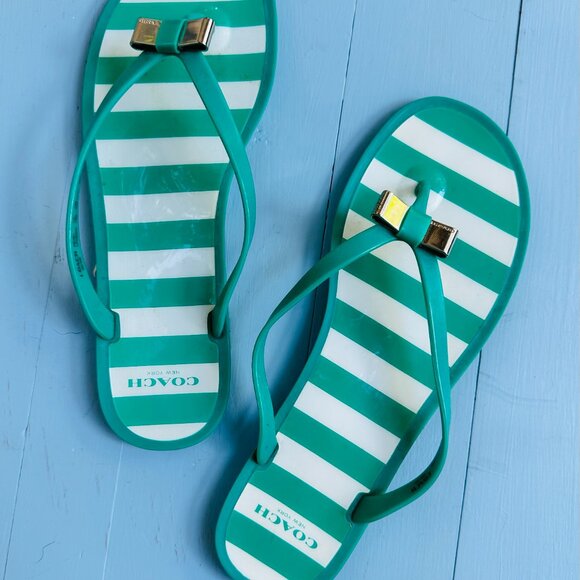 Coach Flip-Flops Green Striped with Metal Bow Women's Size 10 Coach Resort Wear - Picture 2 of 4